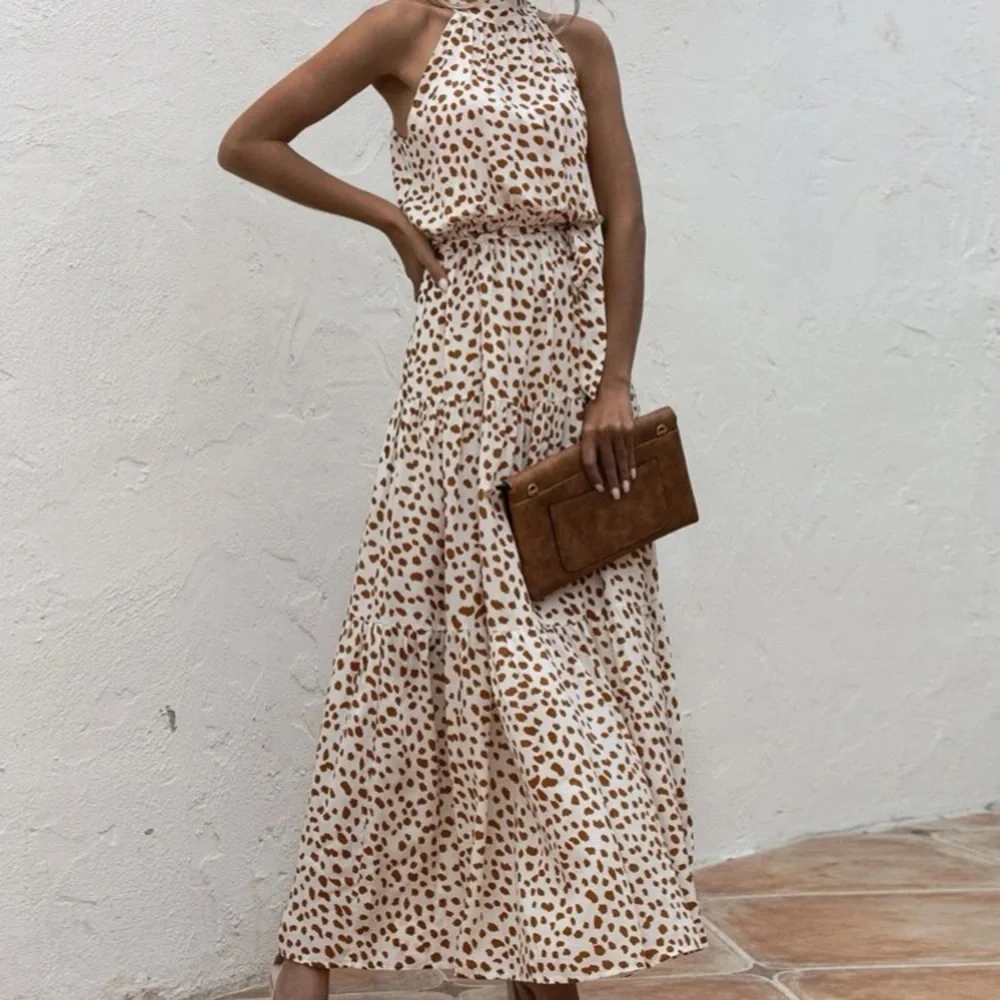 Boho cream brown  halter dot belted maxi dress